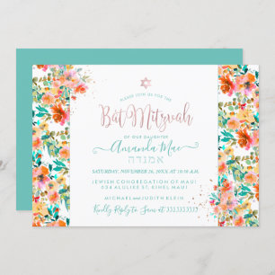 PixDezines Floral Watercolor Bat Mitzvah, Orange Einladung