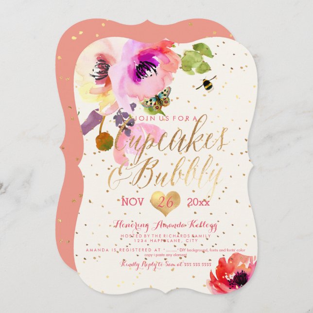 PixDezines Floral Watercolor Cupcakes+Bubbly Einladung (Vorne/Hinten)