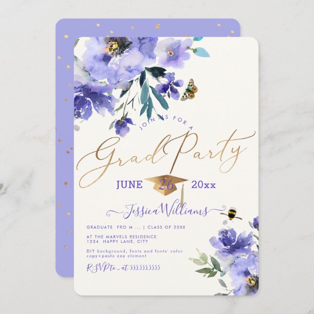 PixDezines Floral Watercolor Graduation Party Einladung (Vorne/Hinten)