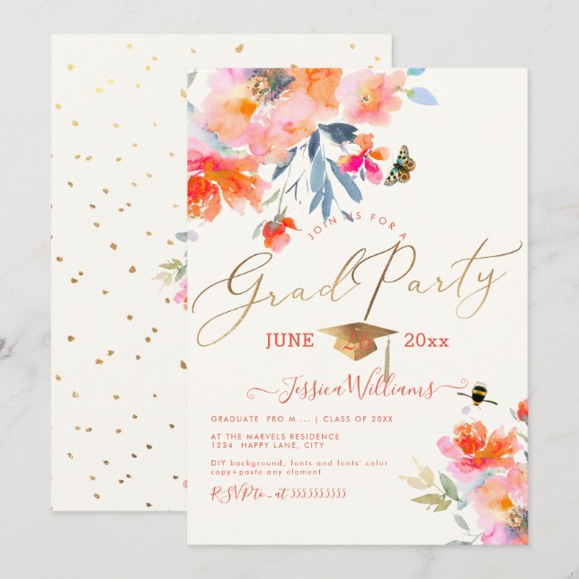 PixDezines Floral Watercolor Graduation Party Einladung (Vorne/Hinten)