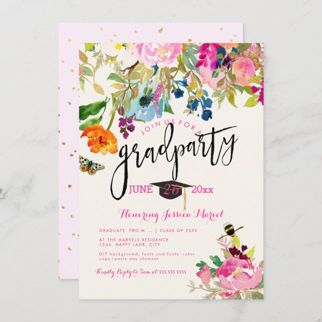 PixDezines Floral Watercolor Graduation Party Einladung (Vorne/Hinten)