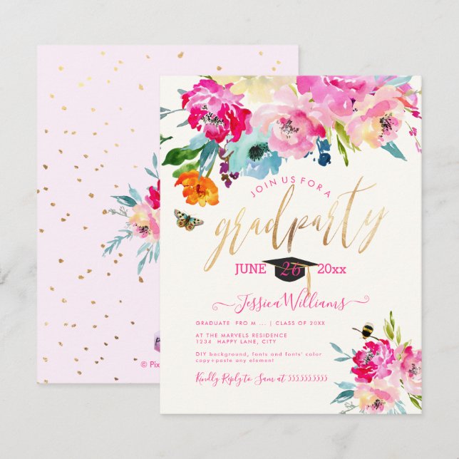 PixDezines Floral Watercolor Graduation Party Einladung (Vorne/Hinten)