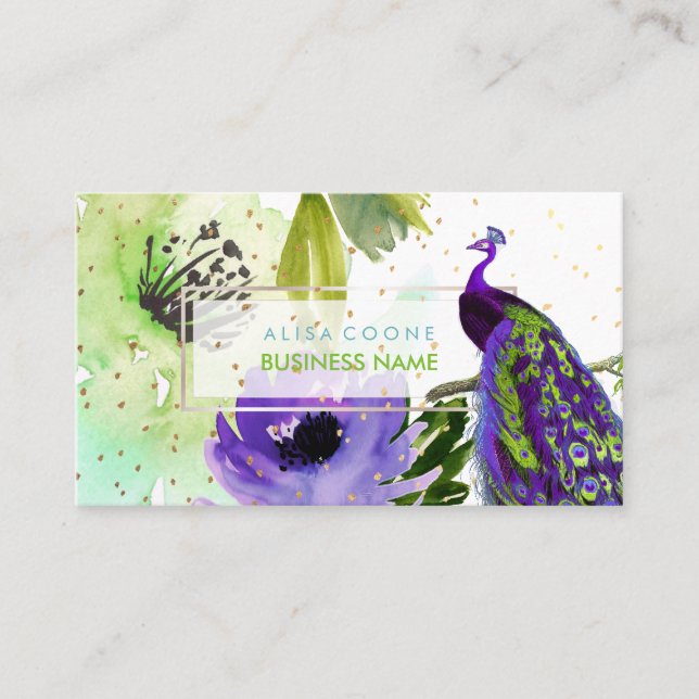 PixDezines Floral Watercolor/Peacock/Gold-Speck Visitenkarte (Vorderseite)