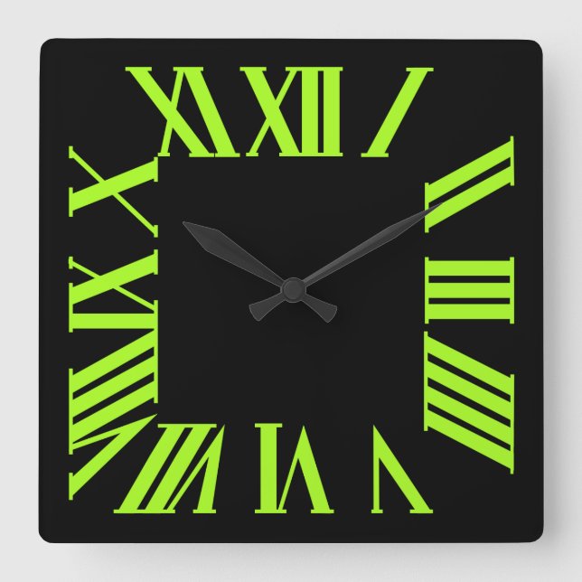 PixDezines Fluorescent Lime Green Roman Numeros Quadratische Wanduhr (Vorderseite)