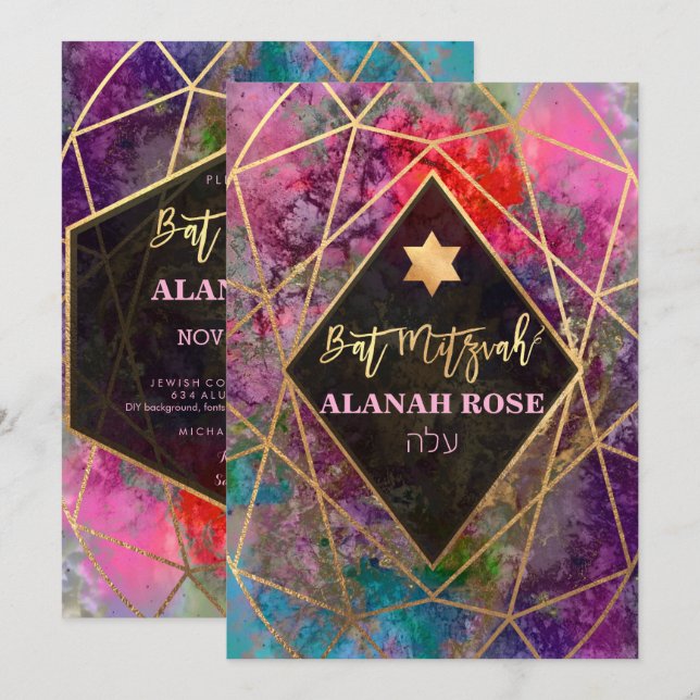 PixDezines Galaxy Abstrakt Geometric Bat Mitzvah Einladung (Vorne/Hinten)