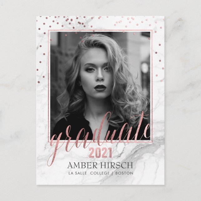 PixDezines Graduate Foto/Marmor+Rose Gold Ankündigungspostkarte (Vorderseite)