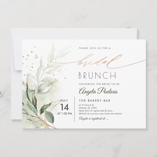 PixDezines Green Gold Eucalyptus Bridal Brunch Inv Einladung (Vorderseite)