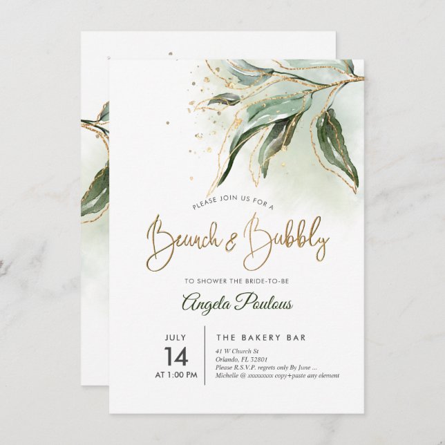 PixDezines Green Gold Eucalyptus Brunch Bubbly Einladung (Vorne/Hinten)