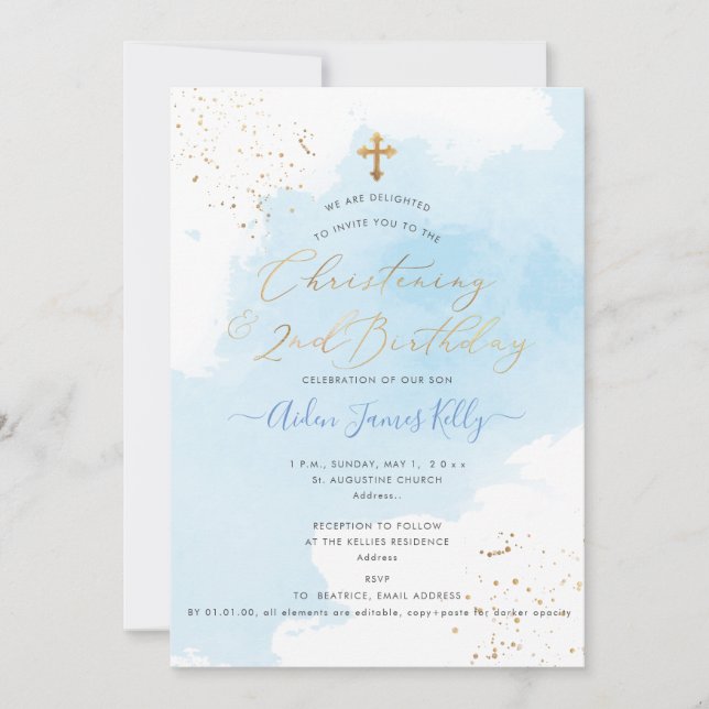 PixDezines H2 Blue Christening+2. Geburtstag Einladung (Vorderseite)