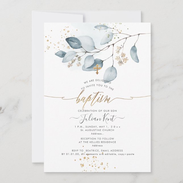PixDezines H2 Blue Gum Eukalyptus Taufe Einladung (Vorderseite)