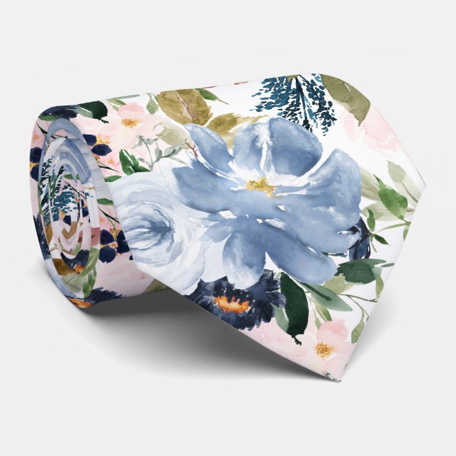 PixDezines H2 Blush Pink Dusty Blue Flowers  Krawatte (Gerollt)