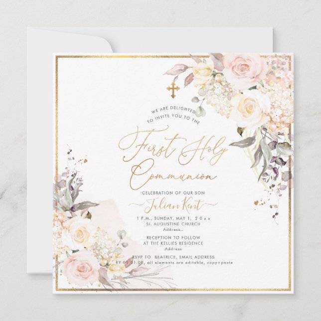 PixDezines H2 Blush Rose Erste Heilige Kommune Einladung (Vorderseite)