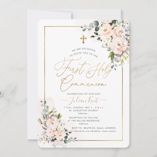 PixDezines H2 Blush Rose Erste Heilige Kommune in Einladung (Vorderseite)