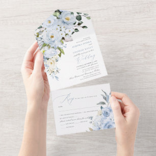 PixDezines H2 Dusty Blue Flowers Rose Hydrangea All In One Einladung
