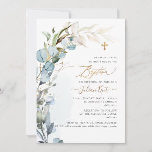 PixDezines H2 Dusty Blue Gum Foliage Taufe Einladung