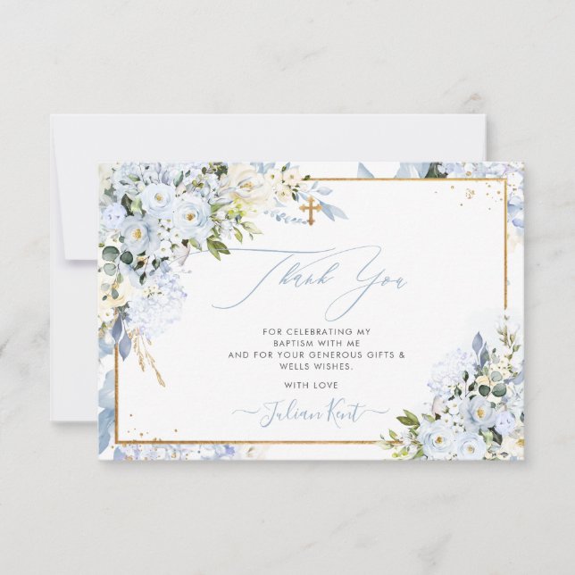 PixDezines H2 Dusty Blue Rose Taufe Vielen Dank Einladung (Vorderseite)