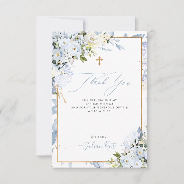 PixDezines H2 Dusty Blue Rose Taufe Vielen Dank Einladung (Vorderseite)