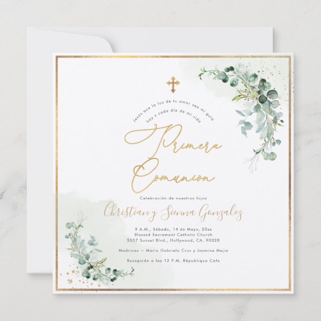 PixDezines H2 Eukalyptus Primera Comunion Einladung (Vorderseite)