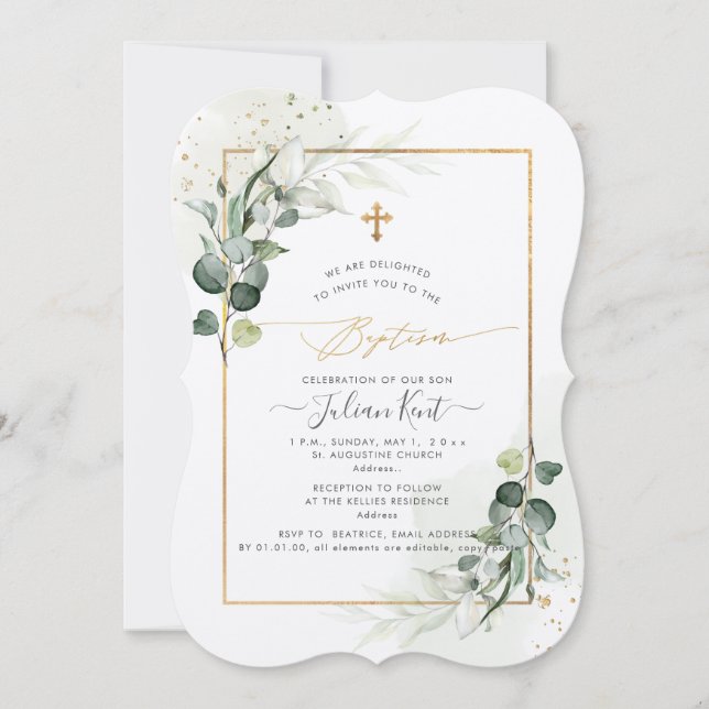 PixDezines H2 Eukalyptus Taufe Einladung (Vorderseite)