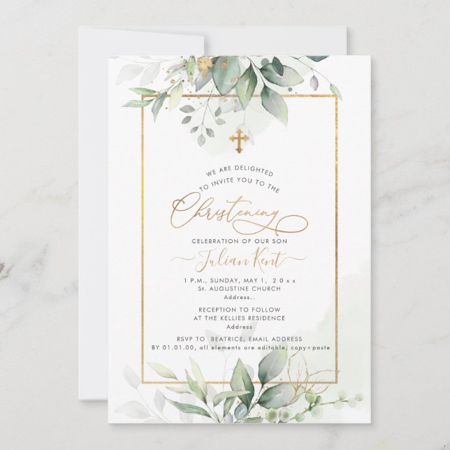 PixDezines H2 Green Gold Eucalyptus Christening Einladung (Vorderseite)