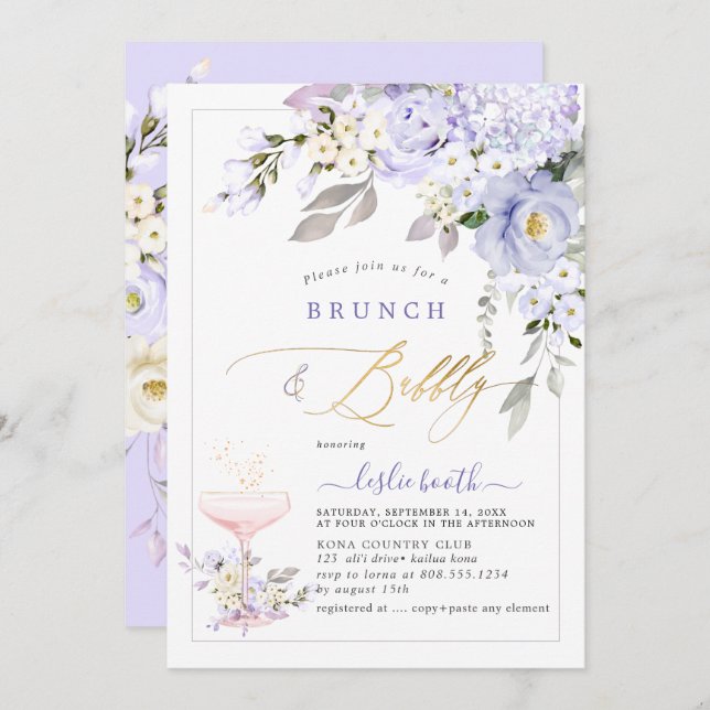 PixDezines H2 Lila Rose Hydrangea Brunch Bubbly Einladung (Vorne/Hinten)