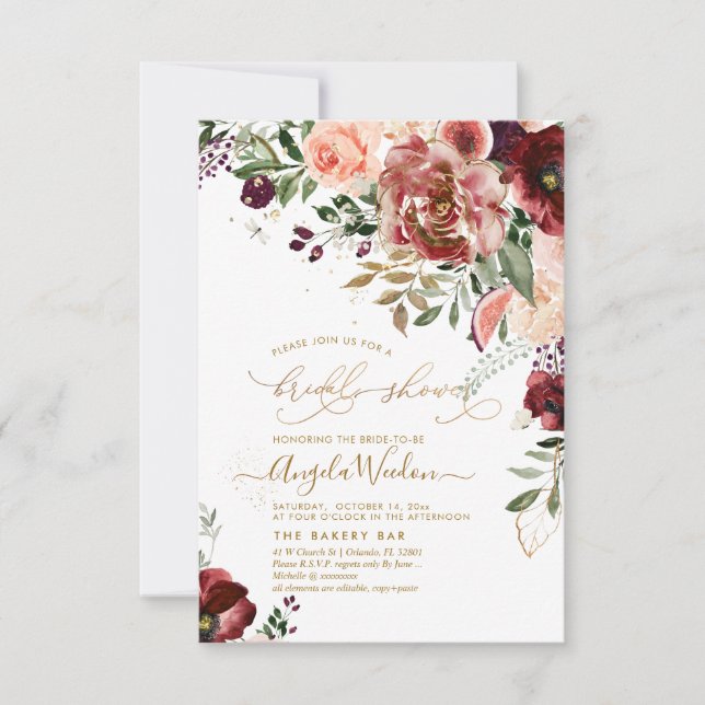 PixDezines H2 Marsala Roter Herbst Brautparty Einladung (Vorderseite)