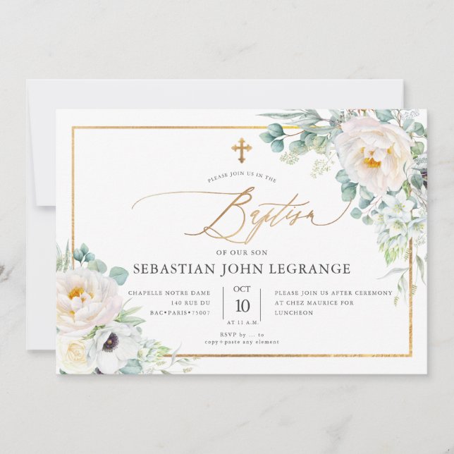 PixDezines H2 Peonies Eukalyptus Taufe Einladung (Vorderseite)