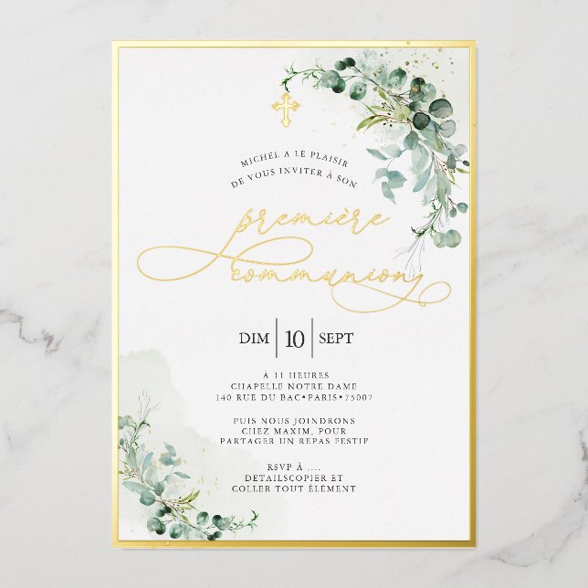 PixDezines H2 Rustic Eucalyptus Première Communion Folieneinladung (Vorderseite)