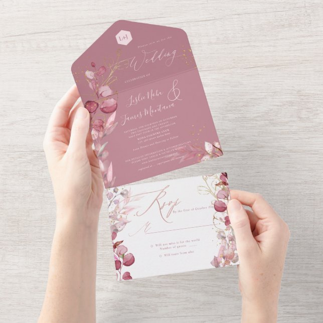 PixDezines H2 Rustikale Dusty Rose Eukalyptus Gold All In One Einladung (Abreißen)