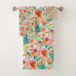 PixDezines H2 Sommerblumen Orange Töne Badhandtuch Set