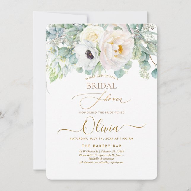 PixDezines H2 White Peonies Anemone Brautparty Einladung (Vorderseite)