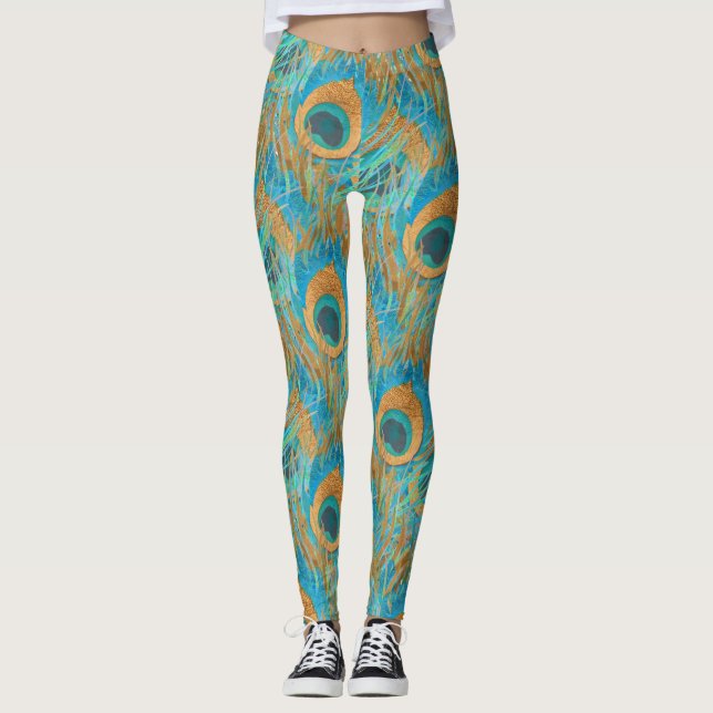 PixDezines Handdrawn H2 Peacock/Cobalt/Aqua Blue Leggings (Vorderseite)