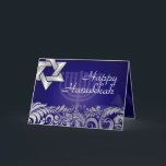 PixDezines Happy Hanukkah Cards Feiertagskarte<br><div class="desc">PixDezines Happy Hanukkah/ Celebration Einladungskarten. Bellissimo Damask funkelnd und eine Silhouette von menorrah und Stern von david mit indigoblau Kulisse. Der Hintergrund kann gelöscht und durch eine neue Farbe ersetzt werden. Sie können Ihre eigenen Hexachrom-Farben auswählen, um Ihren Hintergrund, Text, Trimm, etc. hinzuzufügen. Das gesamte Spektrum des Regenbogens liegt an...</div>