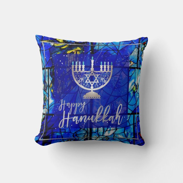 PixDezines Happy Hanukkah|verkettetes Glas Kissen (Vorderseite)