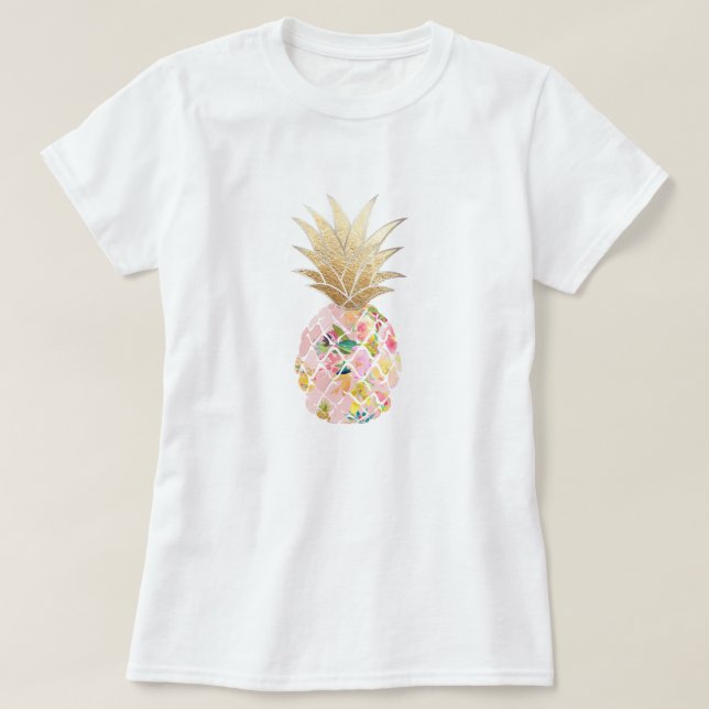 PixDezines Hawaii, Aloha Pink Ananas/Imitat Gold T-Shirt (Design vorne)