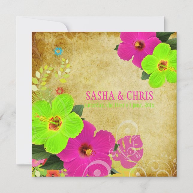 PixDezines heißen Rosa+Neon grüner Hibiskus+Monste Einladung (Vorderseite)