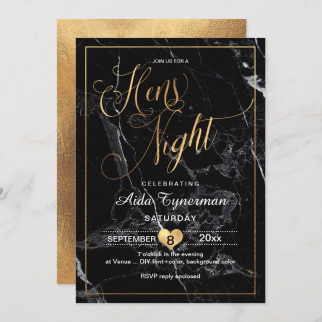 PixDezines Hens Night Imitats Gold Script+Marble Einladung (Vorne/Hinten)