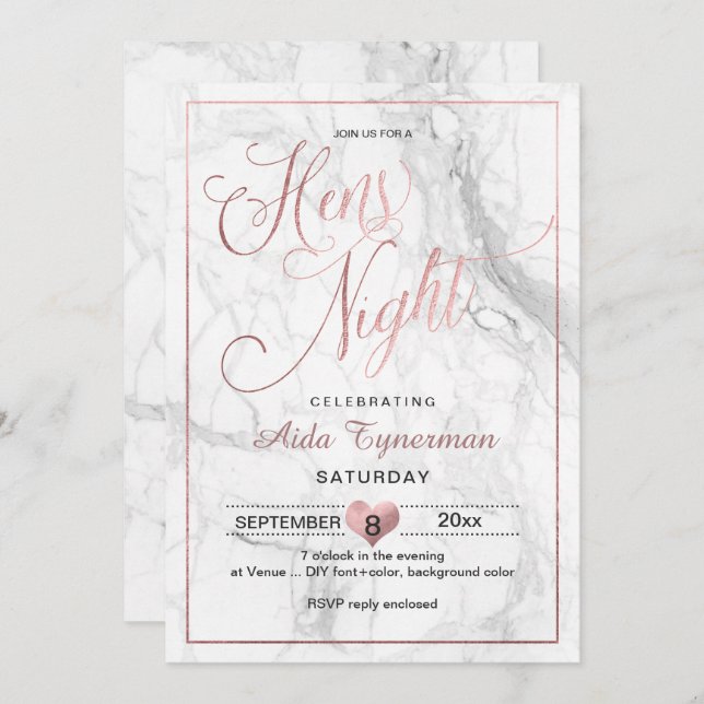 PixDezines Hens Night Imitats Rose Gold Script+Mar Einladung (Vorne/Hinten)