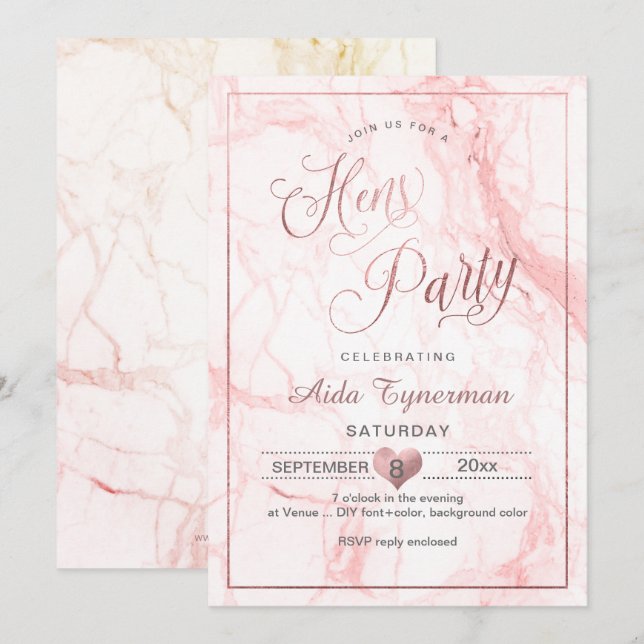 PixDezines Hens Party Imitats Rose Gold Script+Mar Einladung (Vorne/Hinten)