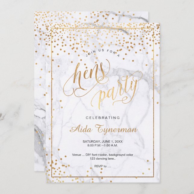 PixDezines Hens Party Marmor Imitats Gold Confetti Einladung (Vorne/Hinten)