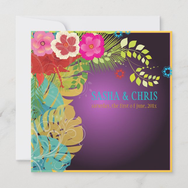 PixDezines Hibiskus+nnstera/gelb+aqua Einladung (Vorderseite)