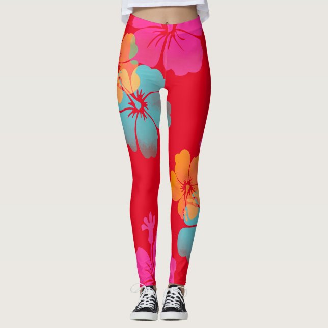PixDezines Hibiskus/Rosa/Orange/Aqua/DIY Bckgrnd Leggings (Vorderseite)