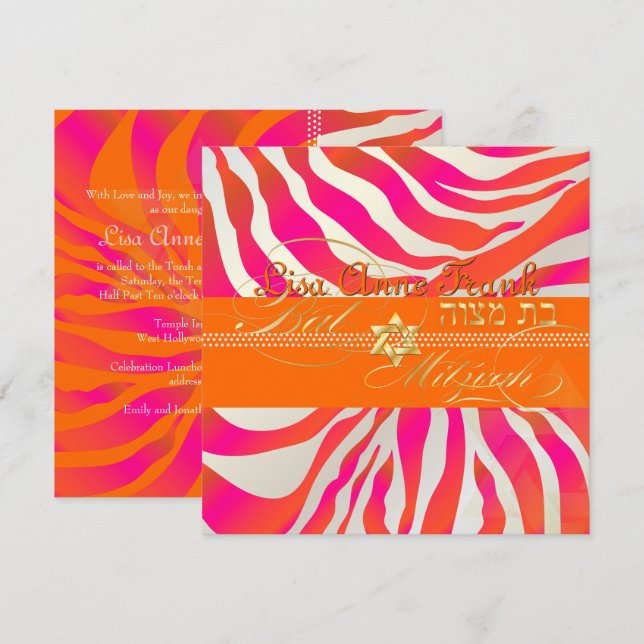 PixDezines Hot Pink+Orange Zebra, Bat Mitzvah Einladung (Vorne/Hinten)