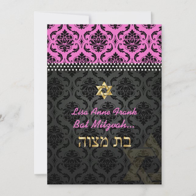 PixDezines Hot Pink Vendome Damask, Bat Mitzvah Einladung (Vorderseite)