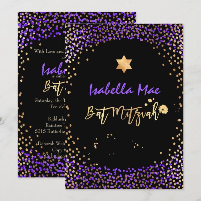 PixDezines Imitate Gold+Lila Confetti Bat Mitzvah Einladung (Vorne/Hinten)