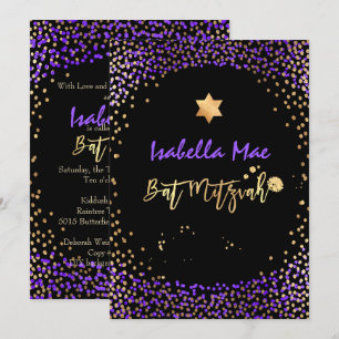 PixDezines Imitate Gold+Lila Confetti Bat Mitzvah Einladung