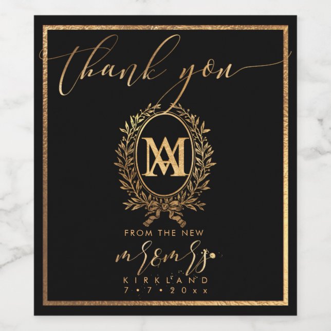 PixDezines Imitate Gold Monogram+Laurel Wreath Weinetikett (Einzelnes Label)