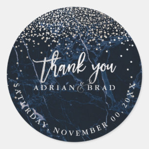 PixDezines Imitate Silver Confetti/Blauer Marmor Runder Aufkleber