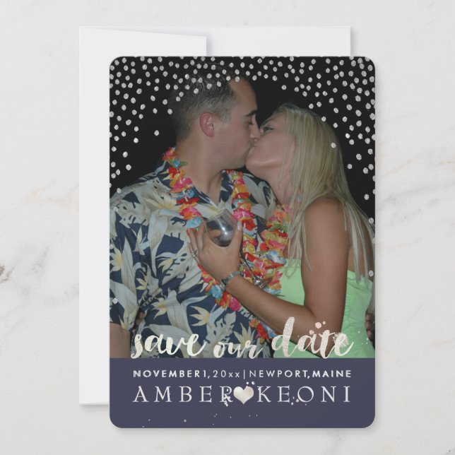 PixDezines Imitate Silver Confetti/Herz/Rett Datum Save The Date (Vorderseite)