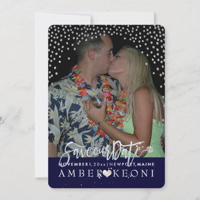 PixDezines Imitate Silver Confetti/Herz/Rett Datum Save The Date (Vorderseite)